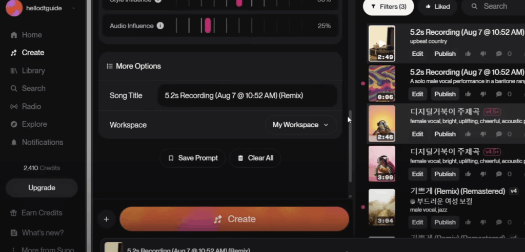 “수노(Suno) AI 음악 제작 화면 – 곡 제목을 ‘5.2s Recording (Remix)’으로 지정하고 작업 공간(My Workspace)에 저장하는 설정 모습”