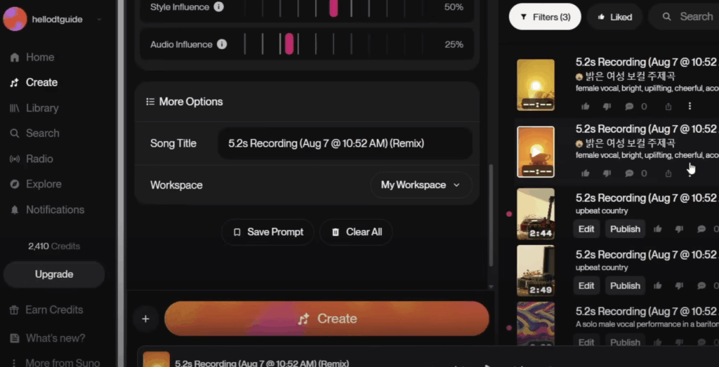 “수노(Suno) AI 음악 제작 화면 – ‘5.2s Recording (Remix)’ 곡이 My Workspace에 저장되어 있으며, 밝은 여성 보컬 주제곡과 여러 버전의 녹음 파일이 표시된 모습”
