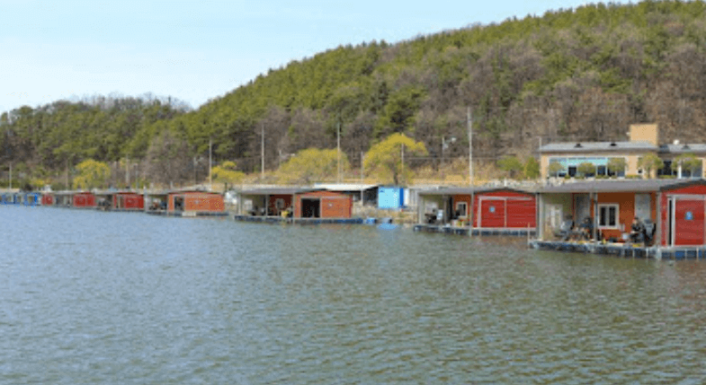 용인 신원낚시터 좌대 전경, 물 위에 떠 있는 붉은색 좌대들이 줄지어 있으며 산과 나무가 배경을 이루고 있다.