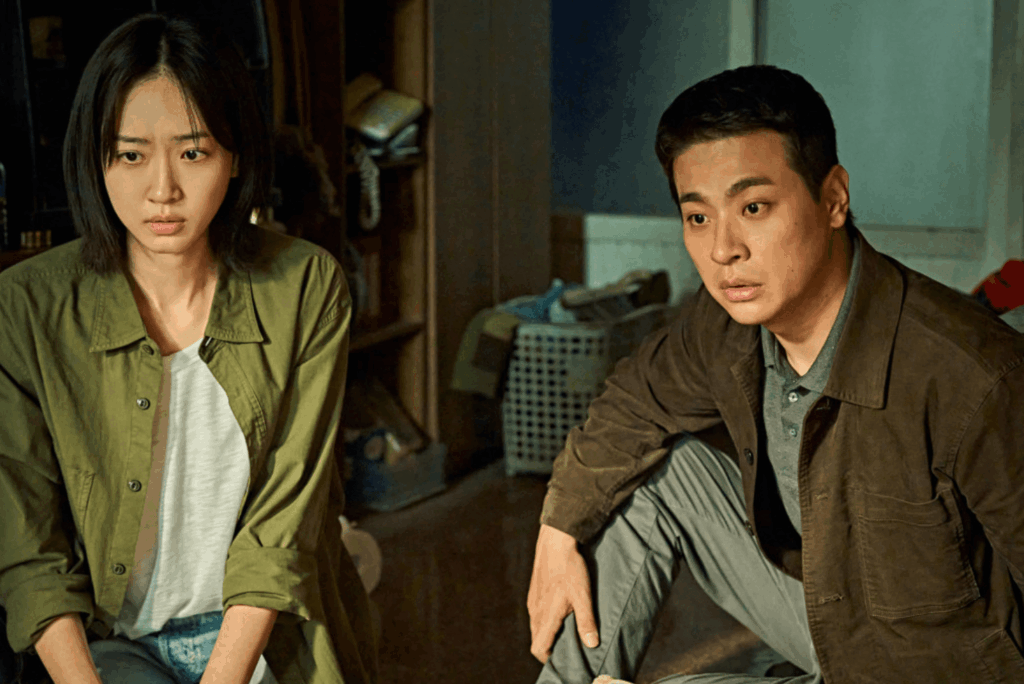 방 안에서 불안한 표정으로 앉아 있는 젊은 여성과 곁에서 말을 건네는 남자