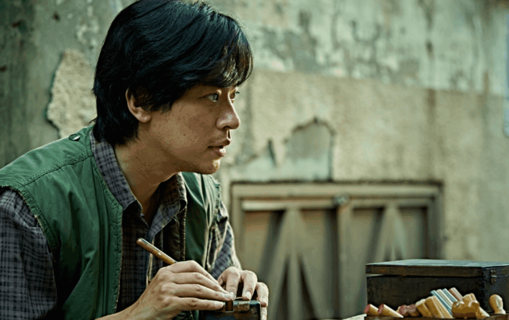 낡은 건물 앞에서 집중하는 젊은 남자 모습