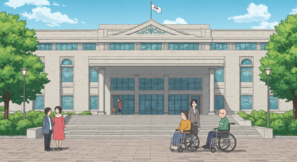 시청 건물 앞에서 휠체어를 이용하는 장애인과 보호자, 시민들이 함께 있는 모습, 장애인 정책을 상징하는 일러스트