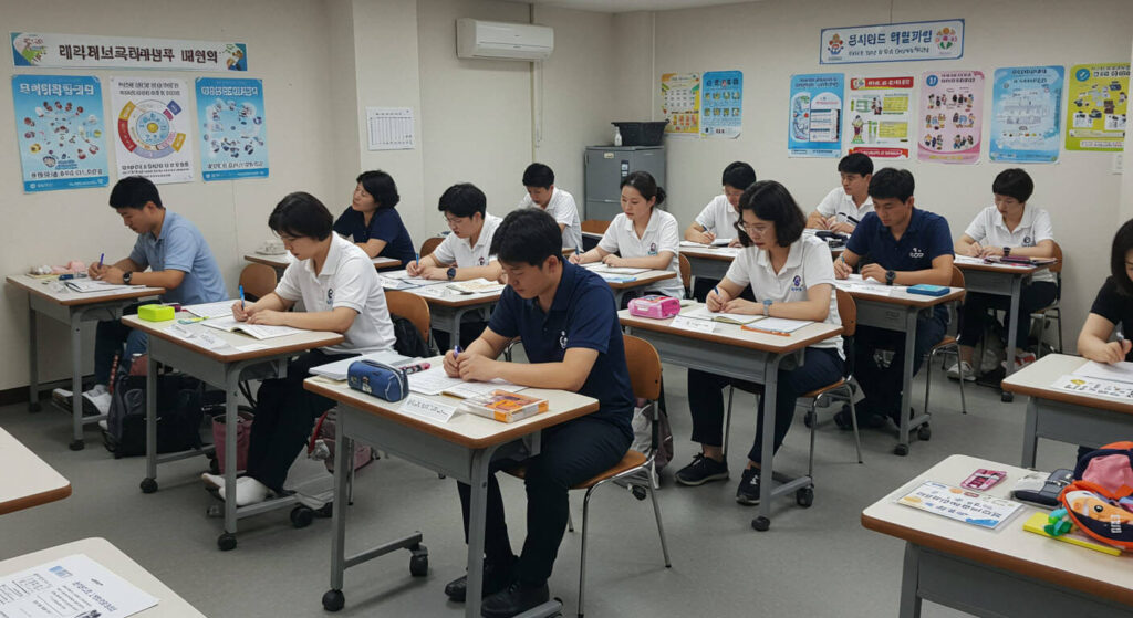 활동지원사 교육 현장. 여러 명의 교육생들이 책상에 앉아 필기를 하며 수업을 듣는 장면