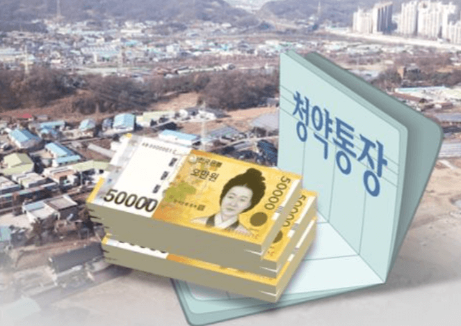 "청약통장과 5만 원권 지폐 묶음, 주택 배경 이미지"