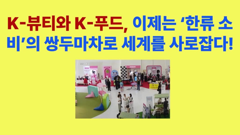 K-뷰티와 K-푸드가 세계 한류 소비 시장을 이끄는 장면. 글로벌 전시회와 수출 현장, 한국 브랜드의 성장 전략을 상징하는 이미지.