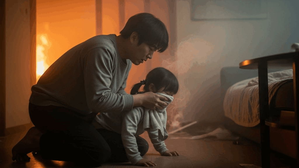 아이의 코와 입을 옷이나 수건으로 막고, 연기 반대 방향으로 얼굴을 향하게 한 채 낮은 자세를 유지