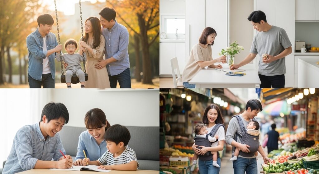 청년 결혼 기피 이유와 육아 부담을 보여주는 가족 생활 이미지