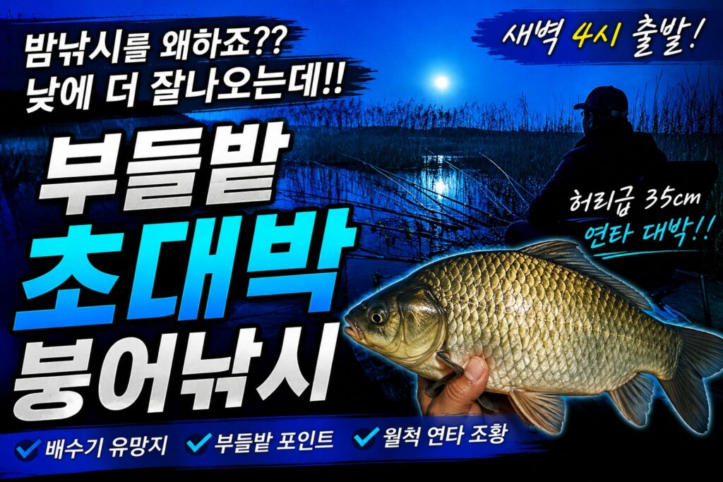 배수기 부들밭 포인트에서 허리급 붕어를 낚은 새벽 붕어낚시 장면과 초대박 조황을 강조한 유튜브 스타일