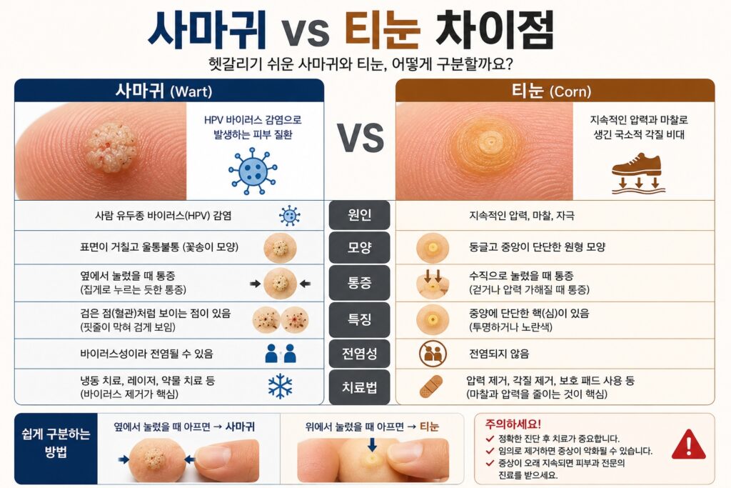 사마귀 티눈 차이 점
