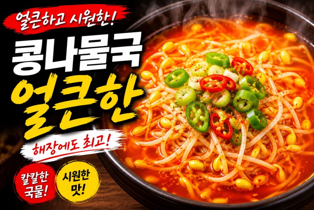 얼큰한 콩나물국 섬네일 이미지, 빨간 국물에 콩나물과 청양고추, 대파가 올라간 한국식 해장국 음식 사진