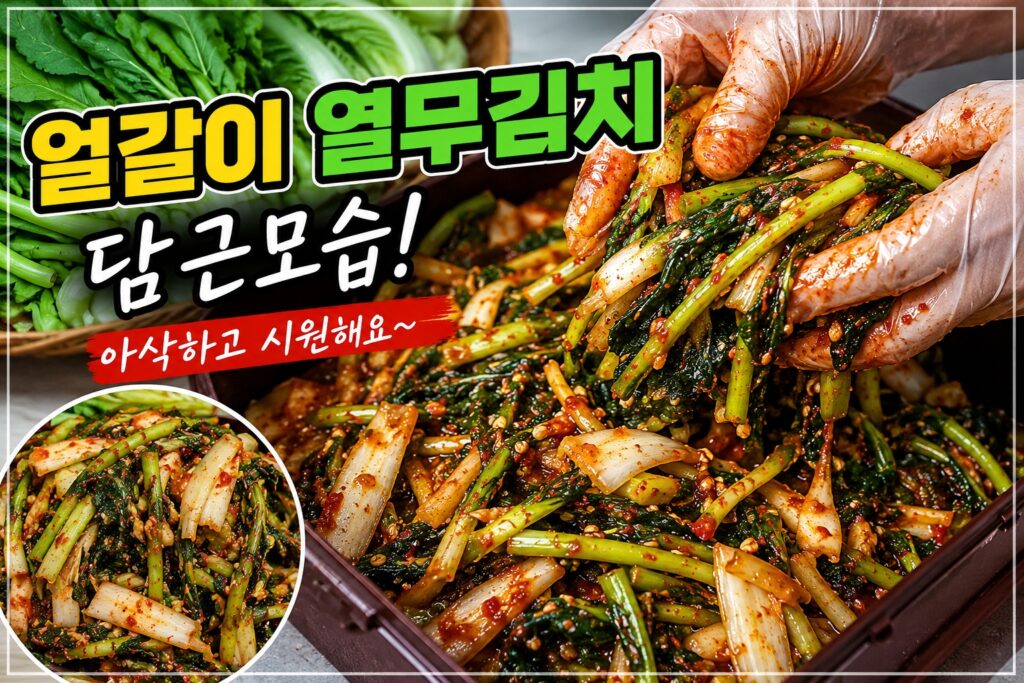 얼갈이 열무김치를 직접 담그는 모습과 완성된 아삭한 열무김치