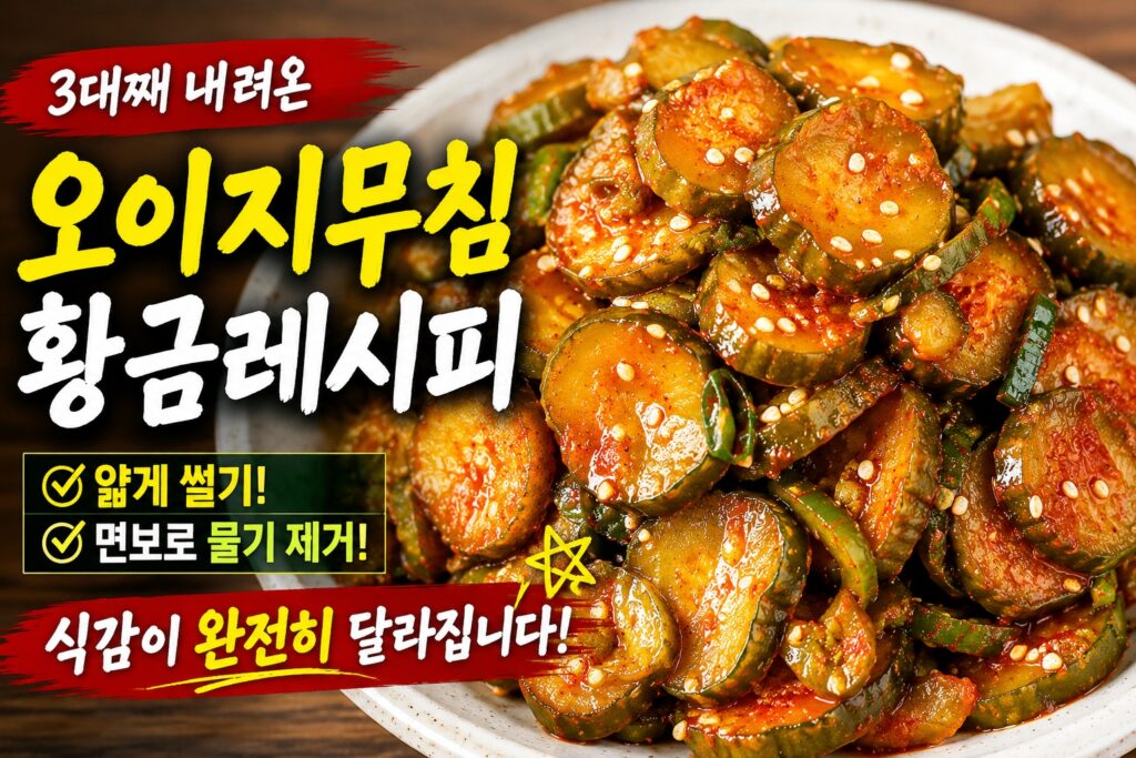 3대째 내려온 오이지무침 황금레시피 썸네일 이미지, 아작한 식감과 매콤한 양념이 돋보이는 오이지무침 완성 사진