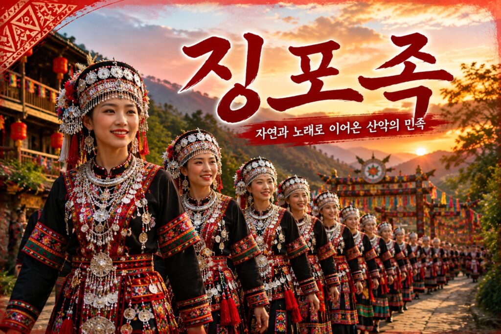징포족 전통 의상을 입은 여성들의 축제 행렬 모습과 산악 마을 풍경