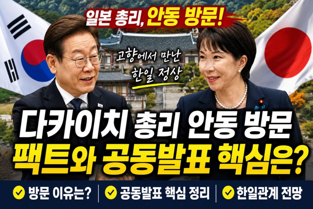 일본 다카이치 총리와 한국 대통령이 안동에서 만나 한일 정상회담과 공동발표를 진행하는 뉴스