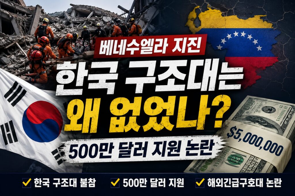 베네수엘라 지진 현장에서 구조 활동을 하는 구조대와 한국 국기, 500만 달러 인도적 지원을 상징하는 이미지