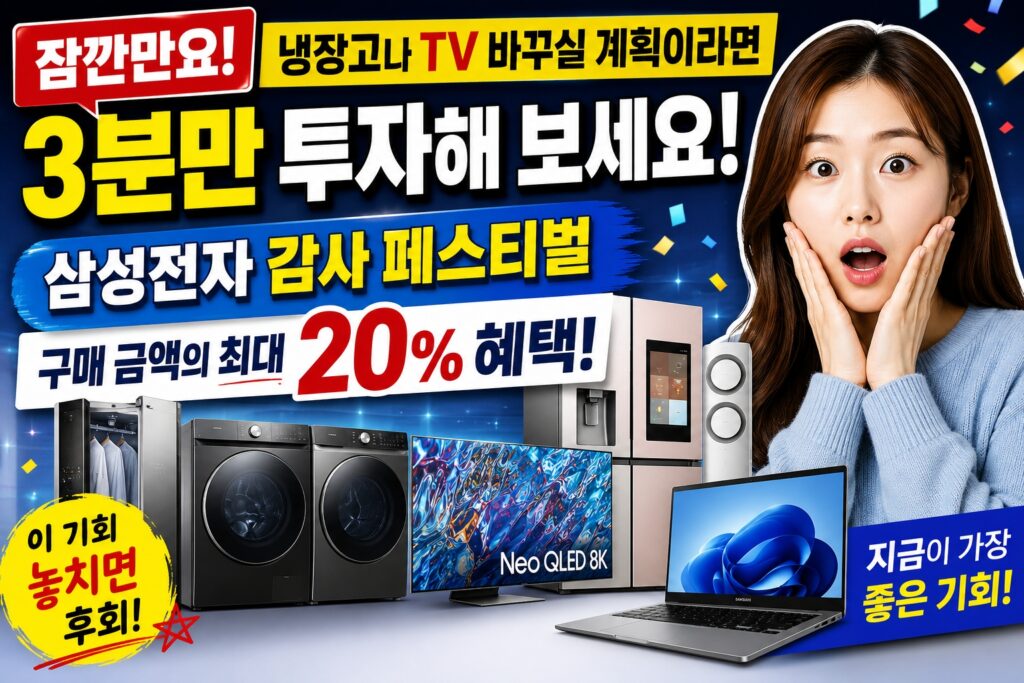 [복사① 대체 텍스트] 삼성전자 감사 페스티벌 20% 혜택, 냉장고 TV 세탁기 에어컨 할인 이벤트