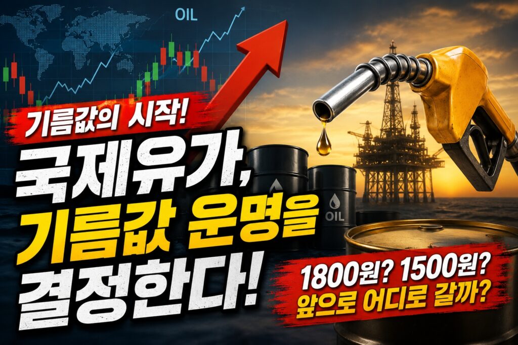 국제유가 상승과 하락이 국내 휘발유 가격에 미치는 영향과 1800원대·1500원대 전망을 설명하는 인포그래픽