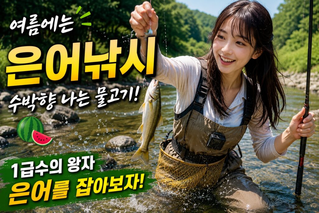 여름철 은어낚시를 즐기는 20대 여성 낚시인, 맑은 강에서 은어를 낚아 올리는 모습