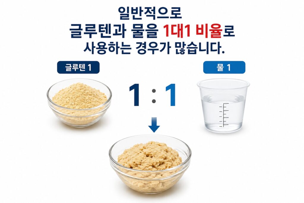 일반적으로 글루텐과 물을 1대1 비율로 사용하는 경우가 많습니다.