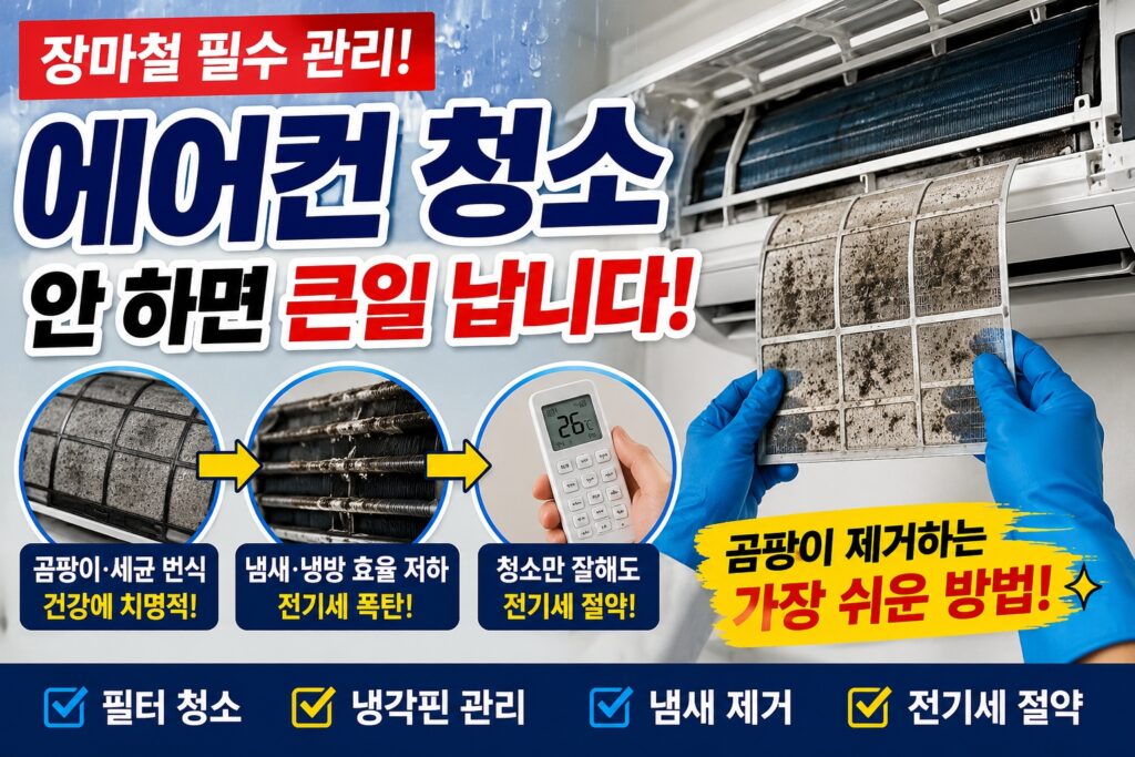 장마철 에어컨 청소 방법과 곰팡이 제거를 위한 필터 청소 모습