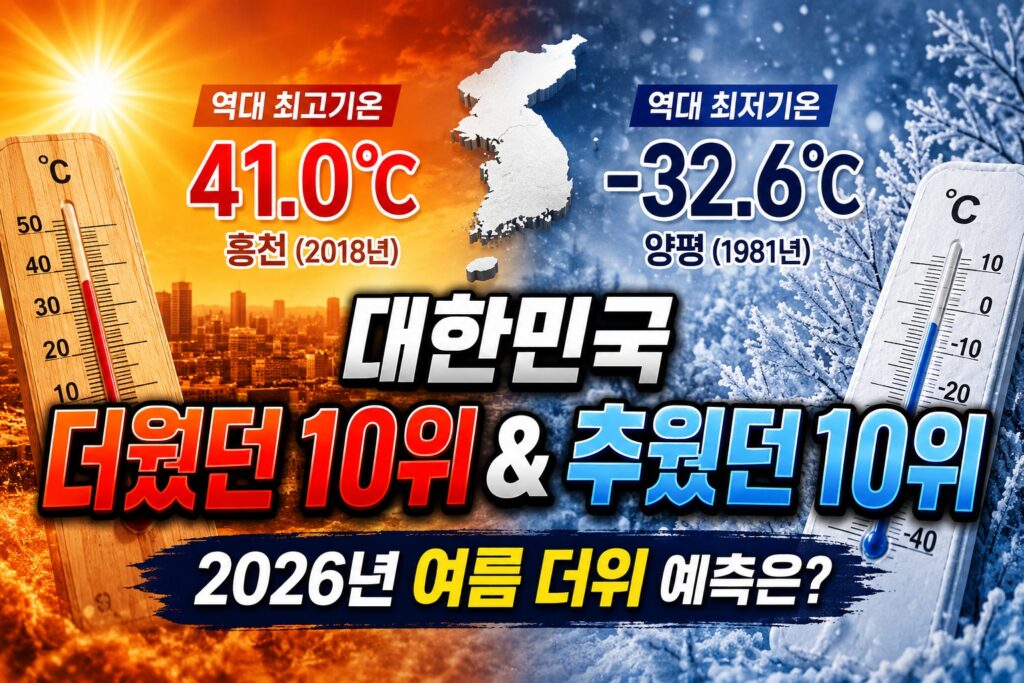 대한민국 역대 최고기온 최저기온 TOP10 비교 이미지, 홍천 41도 폭염과 양평 영하 32.6도 한파 기록