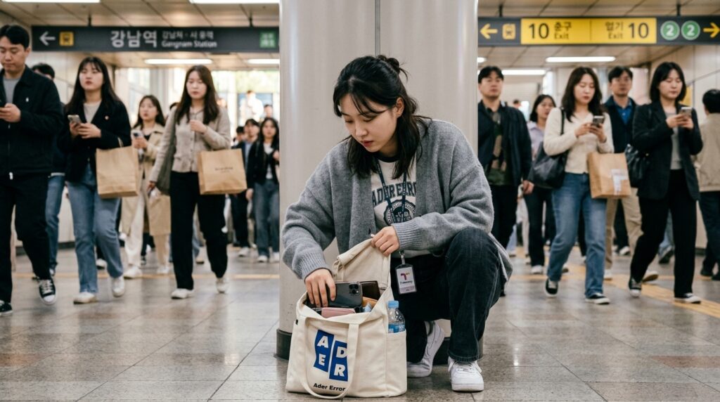 사람이 많은 공공장소에서 물건을 확인