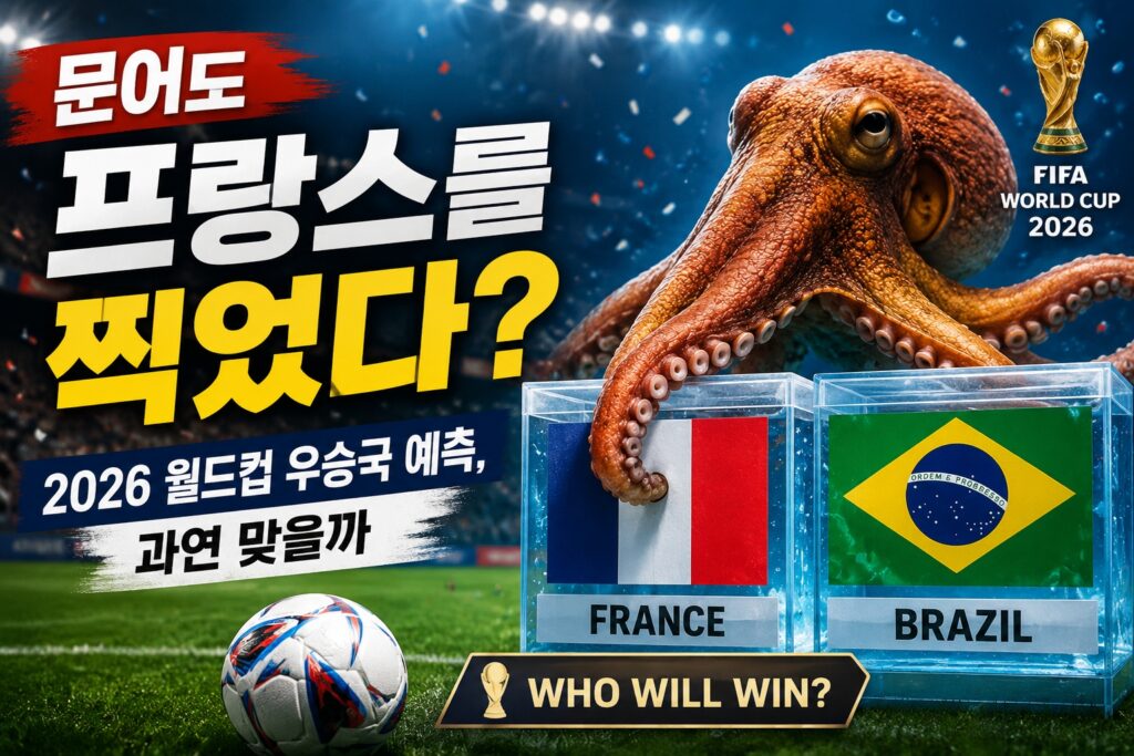 2026 월드컵 우승 후보를 예측하는 문어와 프랑스·브라질 국기가 담긴 월드컵 우승국 예측 이미지