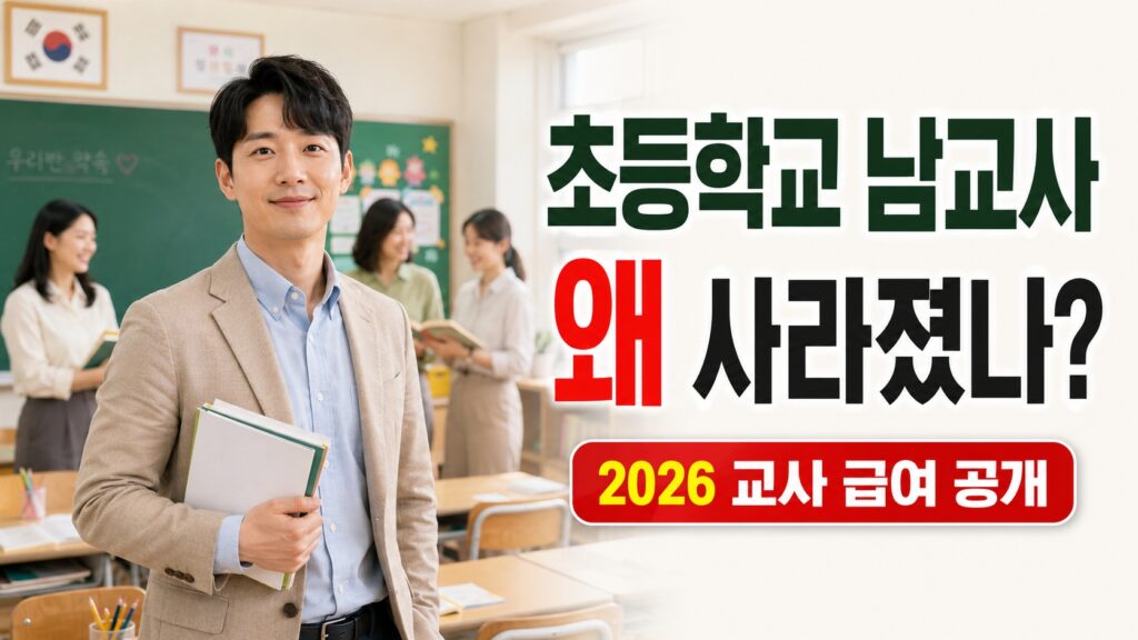 초등학교 교실에 있는 남교사와 2026년 교사 급여를 소개하는 이미지