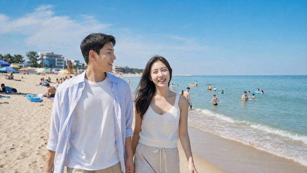강릉 경포해변을 걷는 20대 남녀와 바다에서 해수욕을 즐기는 피서객들