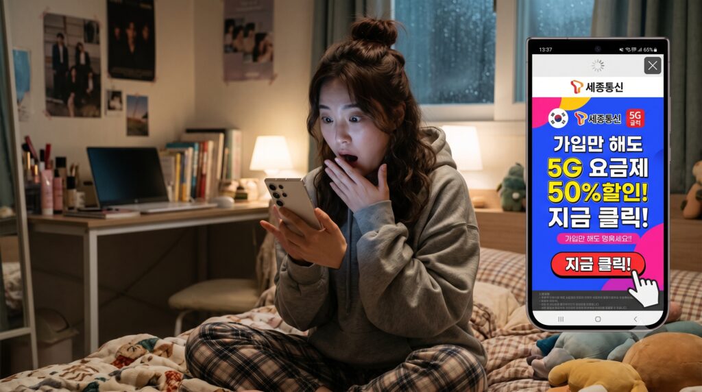 무료 TV 앱 이용 중 통신사 광고 팝업 클릭 후 스마트폰이 먹통이 되어 놀라는 여성