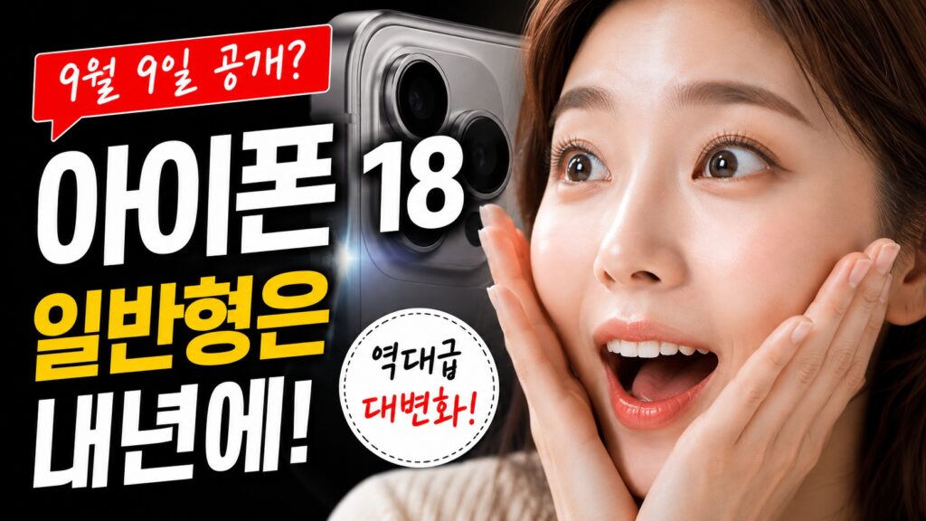 아이폰 18 출시를 기다리며 놀란 표정을 짓는 30대 여성과 아이폰 18 예상 이미지