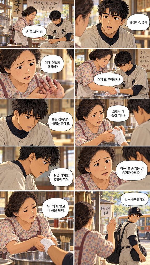 어머니는 상처 입은 강철의 손을 치료하며 아픔을 숨기지 말라고 조언한다.