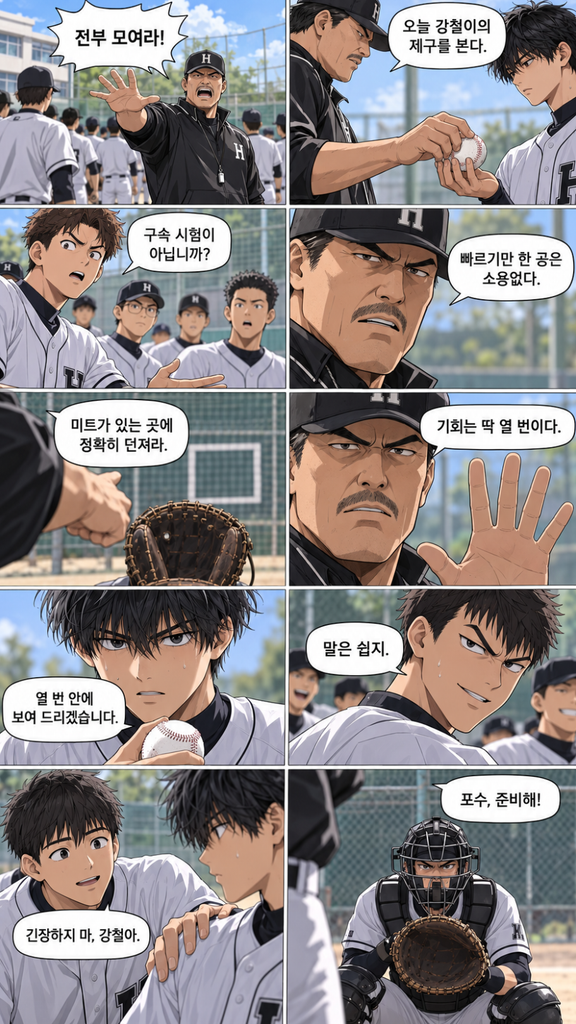 감독은 강철에게 빠른 공이 아닌 정확한 제구력을 보여 달라고 한다