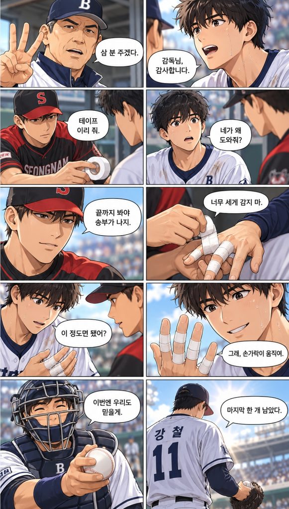 경쟁하던 동료가 강철의 손가락에 테이프를 감아주며 마지막 투구를 돕는다.