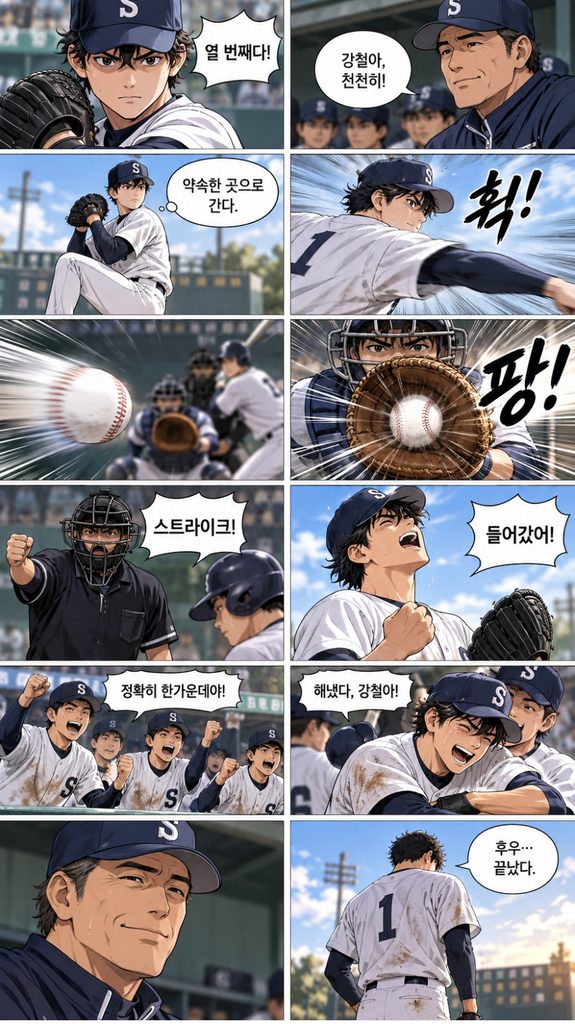 강철은 열 번째 공을 정확히 미트 한가운데에 던지고 동료들의 환호를 받는다.