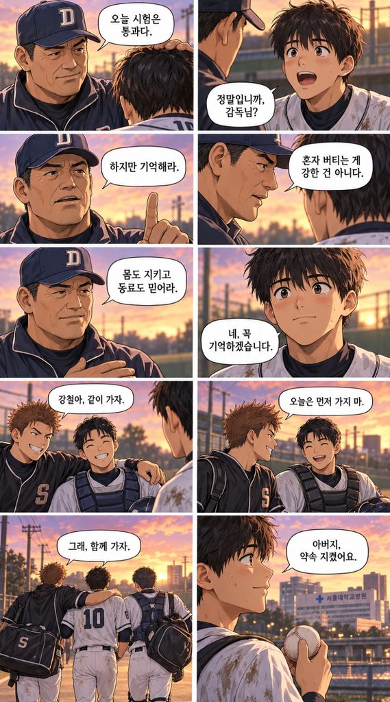 감독은 강철에게 몸과 동료를 함께 지키라고 당부하고, 강철은 아버지와의 약속을 되새긴다.