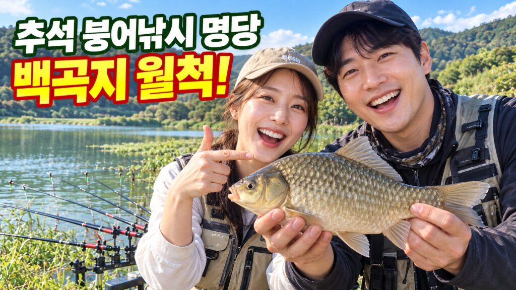 충북 진천 백곡지에서 월척 붕어를 잡고 기뻐하는 30대 부부