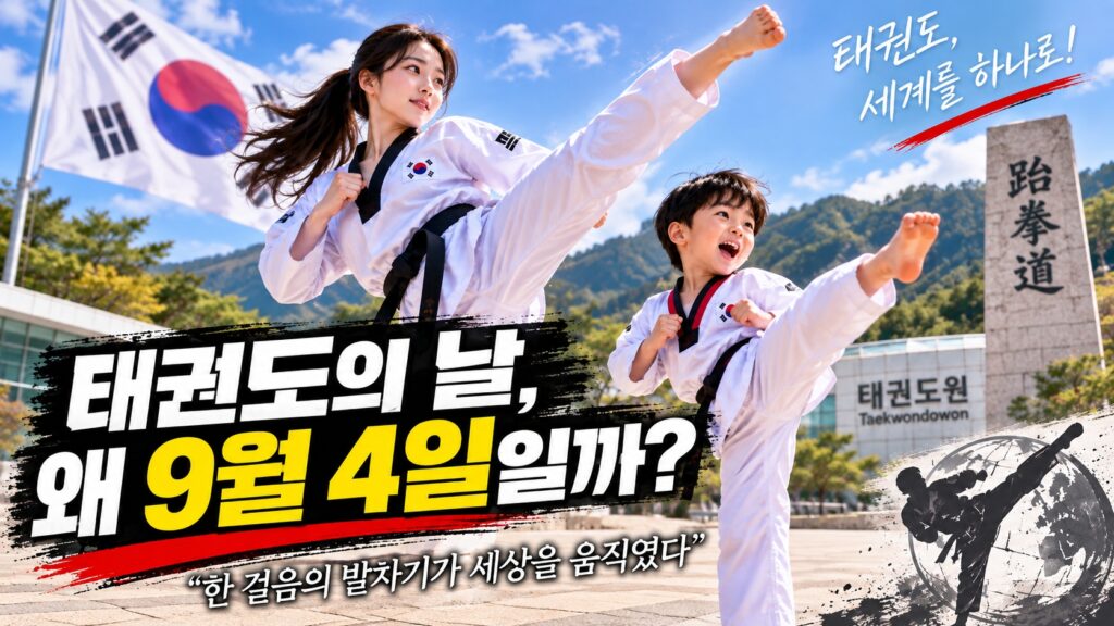 태권도의 날 9월 4일을 기념해 여성과 어린이가 태권도 발차기 시범을 보이는 모습