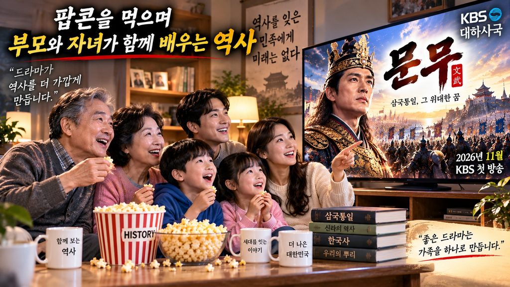 팝콘을 먹으며 부모와 자녀가 함께
